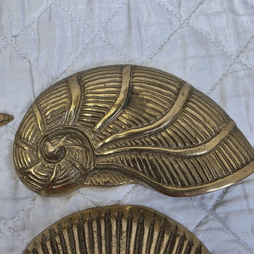 Vintage MCM Solid Brass Sea Shells Starfish Wall Hanging Decor Set of 4 Art Deco
